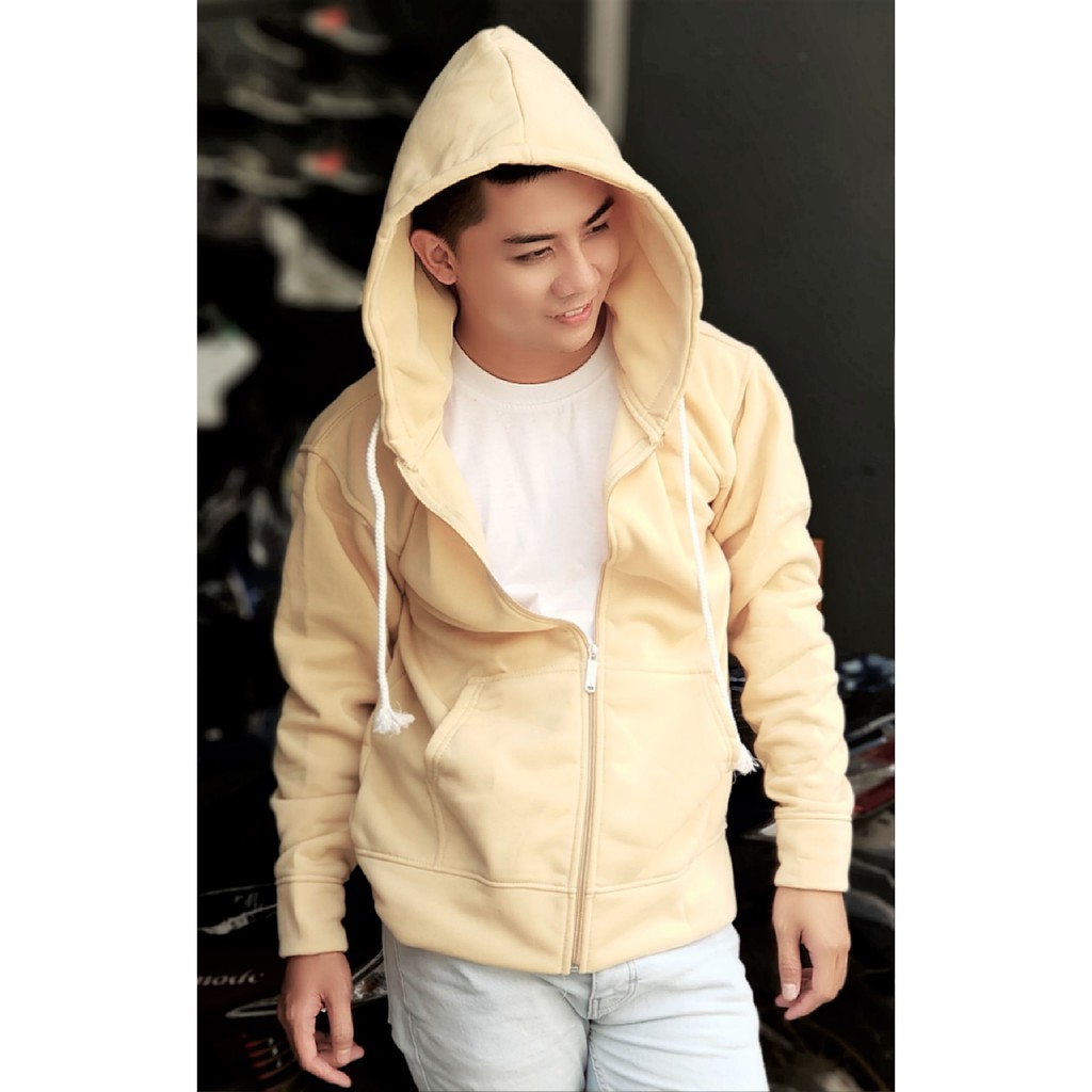 Áo hoodie zipper unisex 2T Store HZ04 màu kem sữa - Áo khoác nỉ dây kéo nón 2 lớp dày dặn chất lượng đẹp