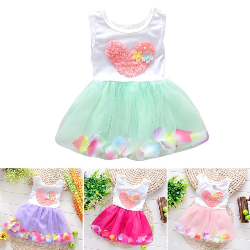 Đầm xòe không tay họa tiết trái tim phối cánh hoa nhiều màu dễ thương cho bé gái