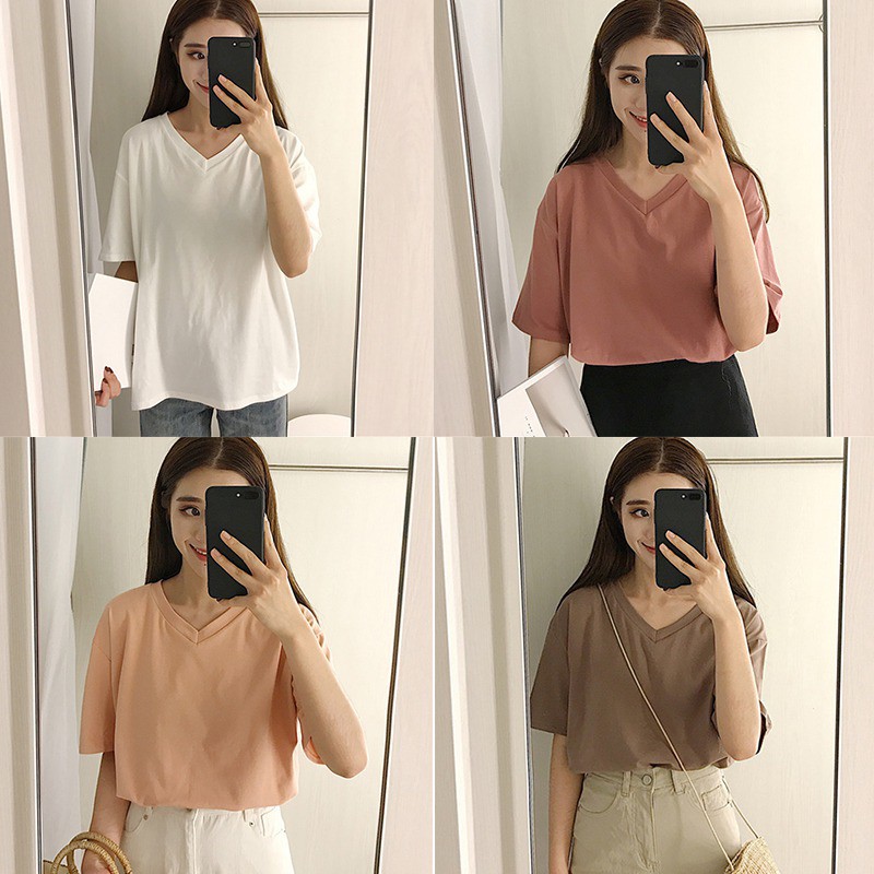 Áo thun dáng rộng cổ chữ V / chữ V màu trơn