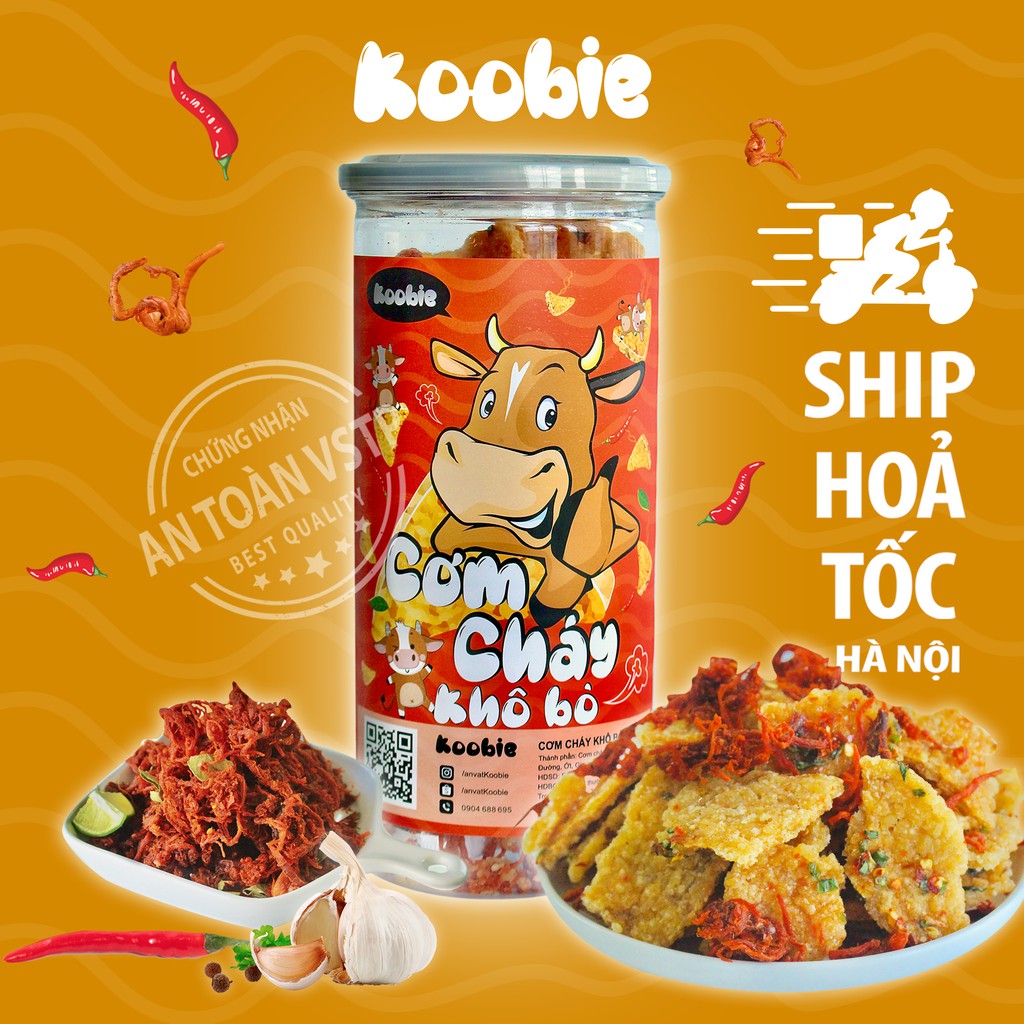 Cơm cháy lắc khô bò Koobie 300g, đồ ăn vặt ngon an toàn vệ sinh, giao hàng siêu tốc