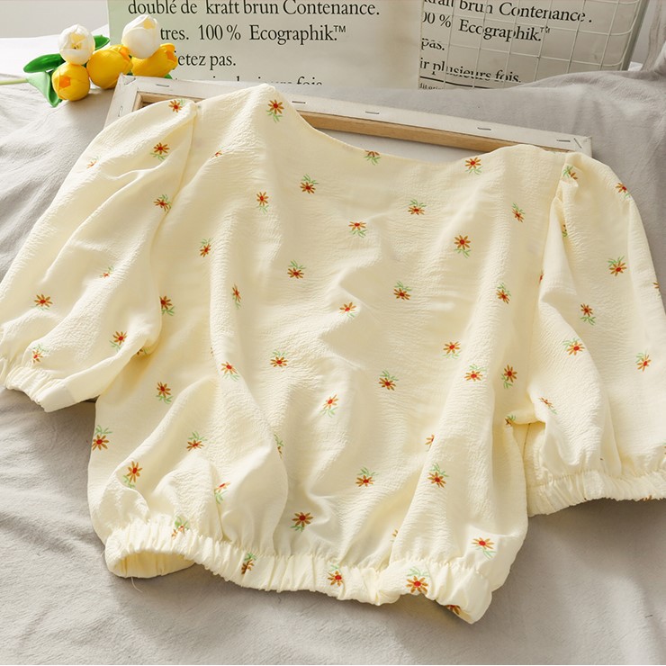 Áo Croptop Hoa Nhí Cổ Vuông Tay Lỡ Nhún Ngực Hàng Quảng Châu Loại 1 AX03 Kèm Ảnh Thật