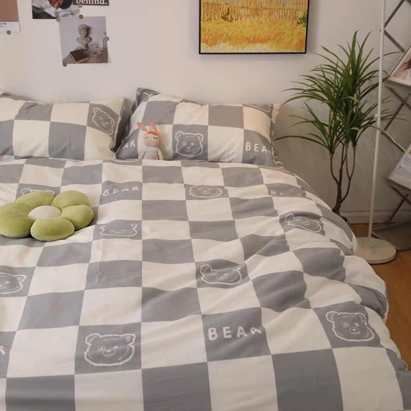 Set Bộ Vỏ Cotton Living Ô Vuông Gấu Xám_ shinbedding