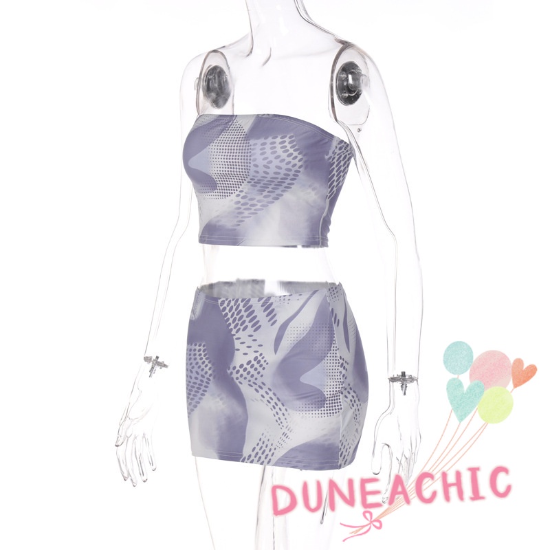 DUNEA Bộ Áo Ống In Họa Tiết + Chân Váy Mini 2 Mảnh Gợi Cảm Cho Nữ