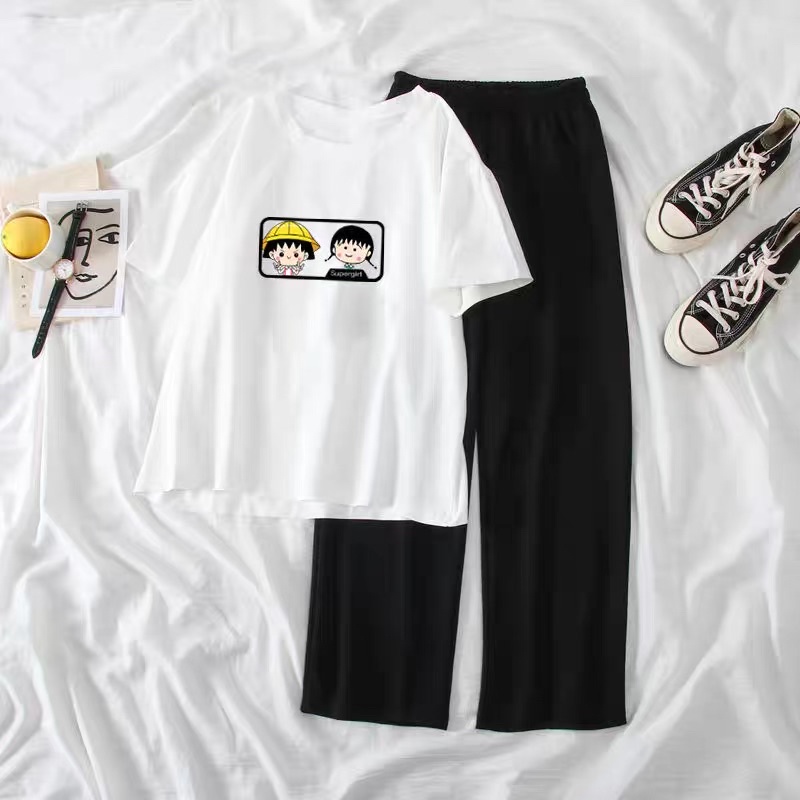 [Giá Huỷ Diệt]Set bộ cô gái unisex dành cho nữ , áo thun tay lỡ mix quần xuông trơn cô gái nhật