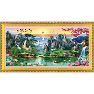 TRANH THÊU KÍN CHỮ THẬP PHONG CẢNH LƯU THỦY SINH TÀI MN0147 (160X75)