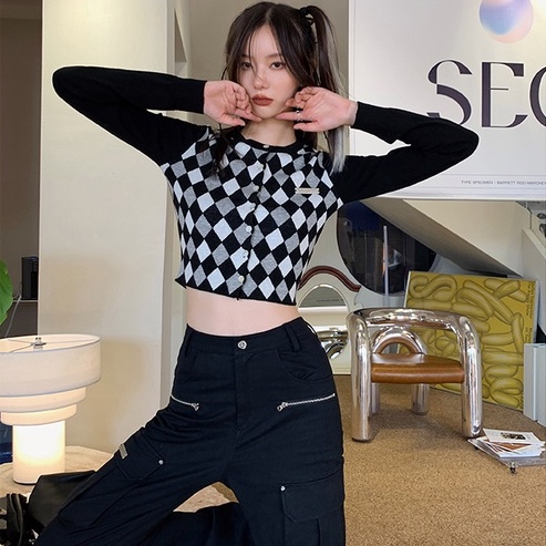 【ZHELIHANGFEI】Áo Cardigan Dệt Kim Tay Dài Eo Cao Đính Đá Trẻ Trung Quyến Rũ Dành Cho Nữ