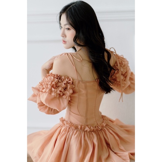 Váy trễ vai 2 dây hoạ tiết phối vải tay bo chun màu nâu đất 2 AGUJA AIDAN Dress