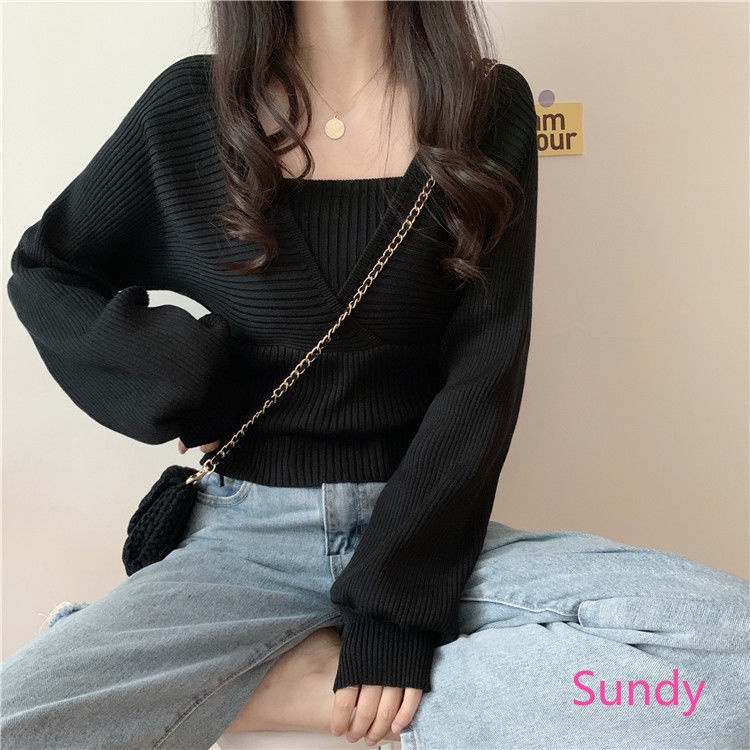 Áo sweater dệt kim tay phồng cổ chữ v phối áo dây bên trong giả 2 lớp thời trang mùa thu cho nữ