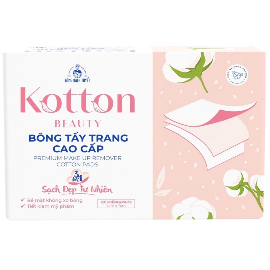 bông tẩy trang 3in1 bạch tuyết mềm mịn 100% bông xơ tự nhiên 120 miếng