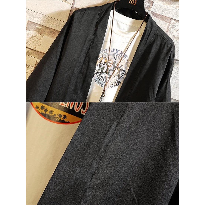 Áo khoác kimono tay lửng dáng rộng màu trơn phong cách retro Nhật Bản cho nam
