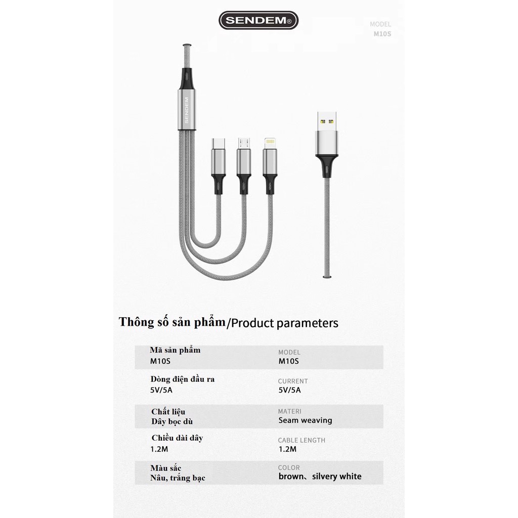 Cáp sạc 3in1 SENDEM M10S bọc dù cao cấp hỗ trợ sạc nhanh 5A chân cắm: MicroUSB, Lightning, TypeC - Hàng chính hãng