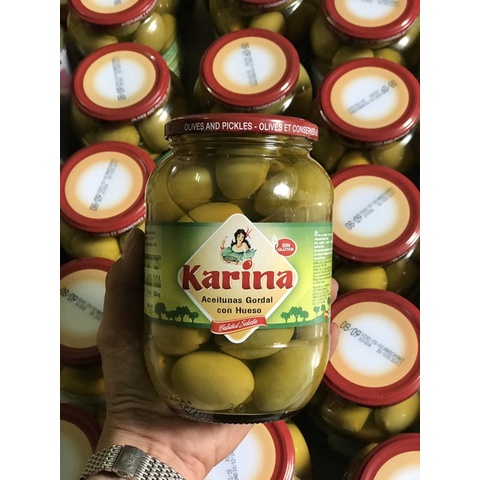 Trái olive nữ hoàng xanh nguyên hạt hiệu Karina 870g