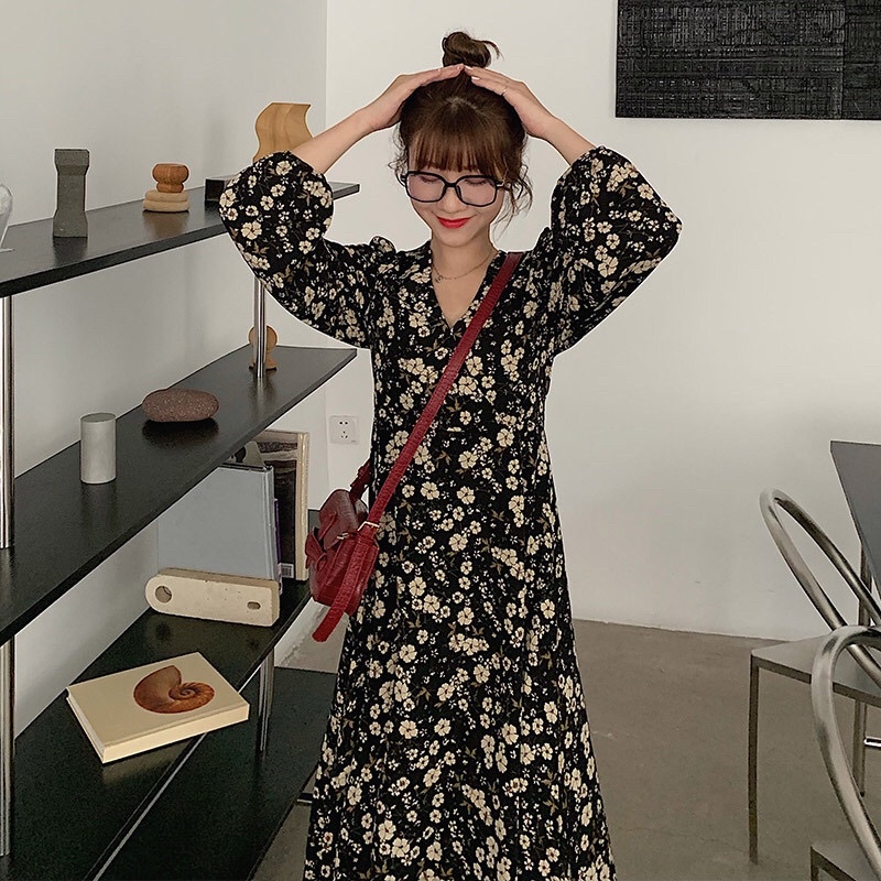 Váy hoa nhí vintage dáng dài phong cách Hàn Quốc