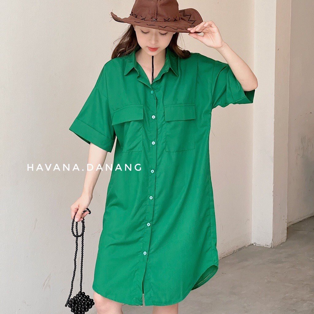 Váy sơ mi túi hộp dáng suông màu xanh - váy suông nữ form rộng khuy trước kiểu sơ mi màu xanh trendy SIÊU HOT