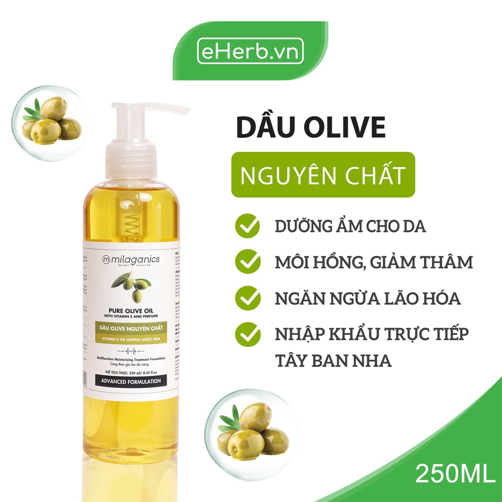 Dầu Oliu Extra Virgin Nguyên Chất Làm Đẹp Dưỡng Da, Dưỡng Tóc, Dưỡng Môi MILAGANICS 250ml (Chai)