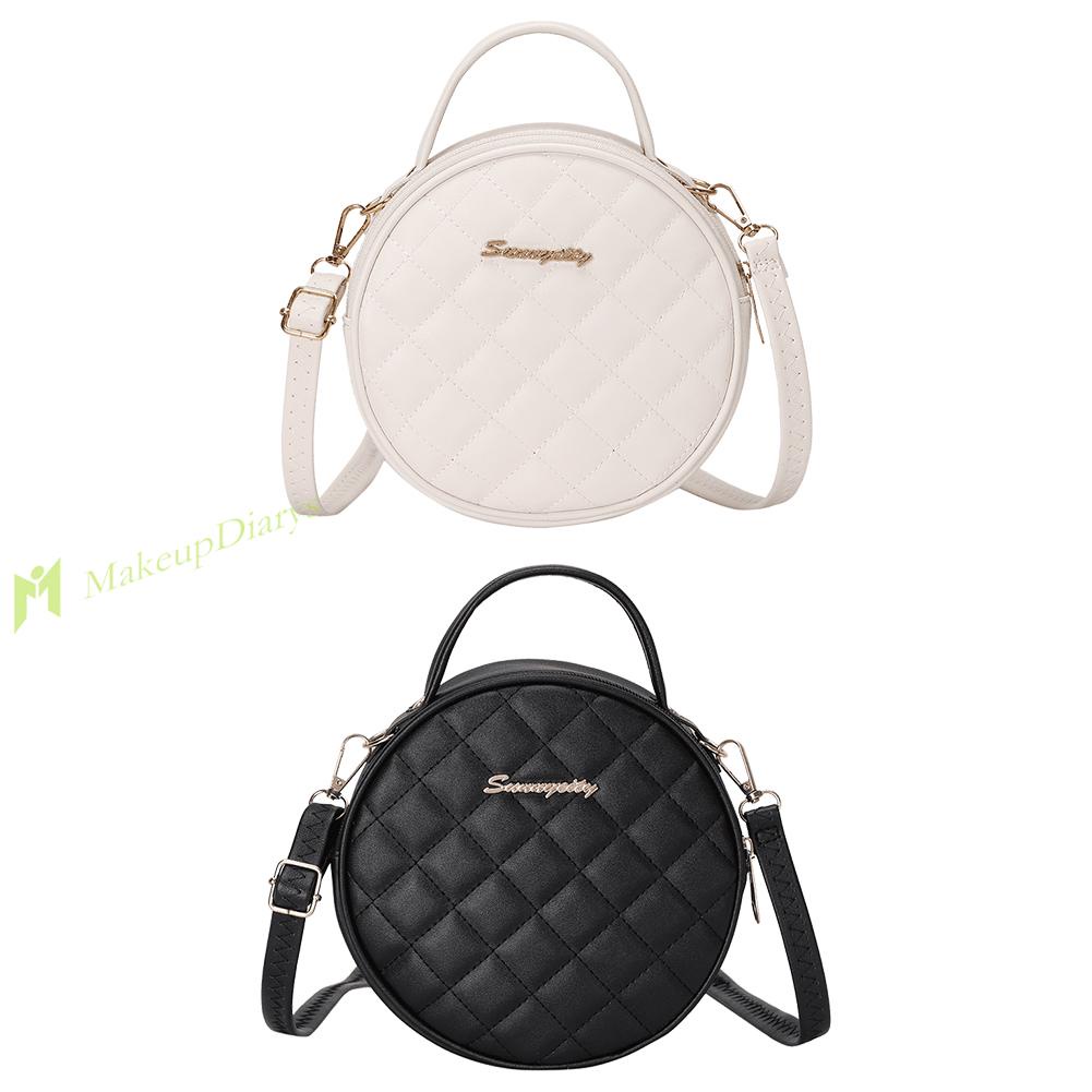 Túi xách da PU hình tròn mini màu trơn họa tiết lưới thời trang cho nữ