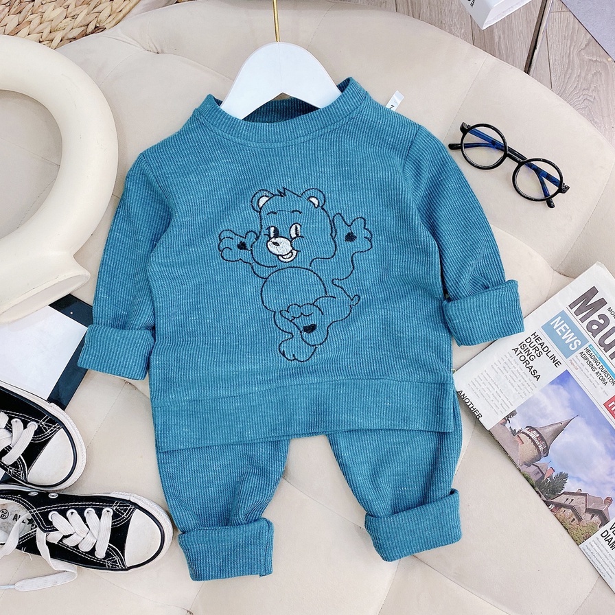 Bộ LEN COTTON TỔ ONG THÊU GẤU cho bé trai bé gái 8-22kg