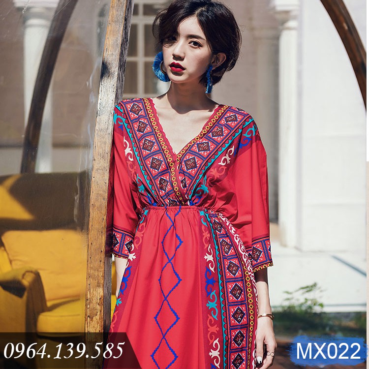 Đầm maxi dáng xòe phong cách Bohemian, phóng khoáng và đầy cá tính, họa tiết cổ điển Tây Âu ấn tượng | MX022
