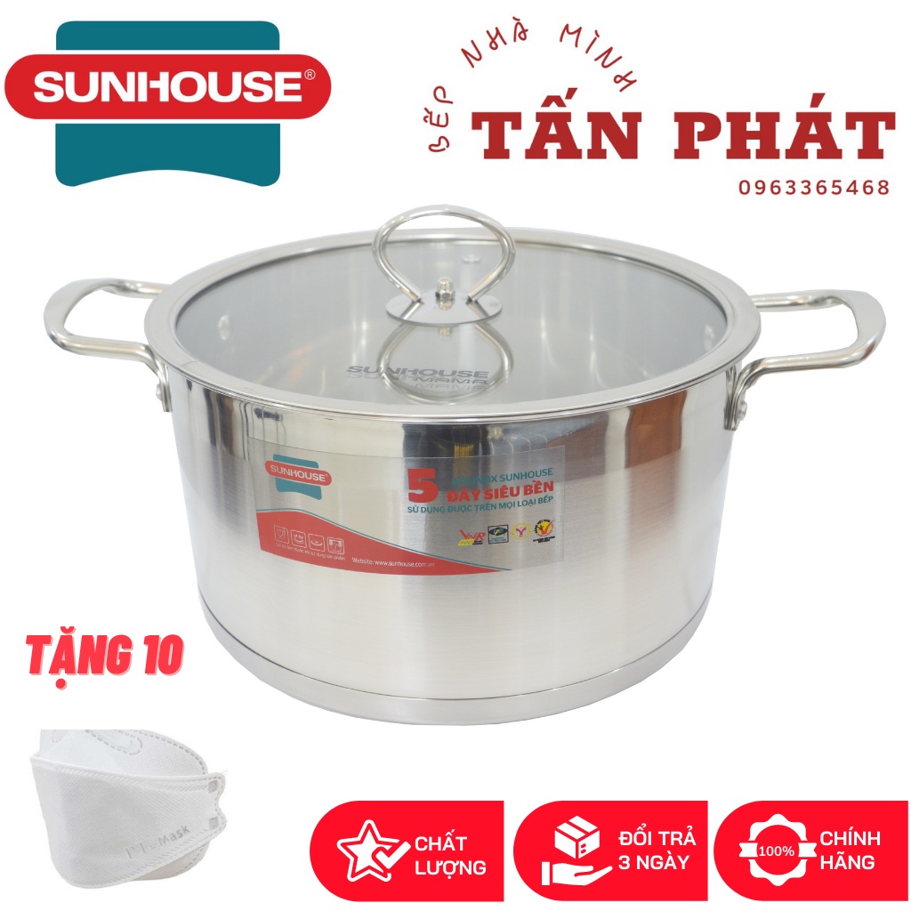 NỒI INOX 5 ĐÁY SUNHOUSE (16-20-24CM) TẶNG 10 KHẨU TRANG 4D