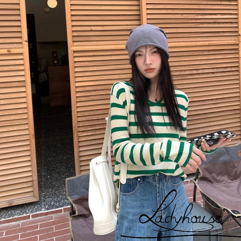 Áo Thun Dệt Kim Tay Dài Cổ Chữ V Dáng Rộng Họa Tiết Kẻ Sọc Thời Trang Mùa Thu Cho Nữ