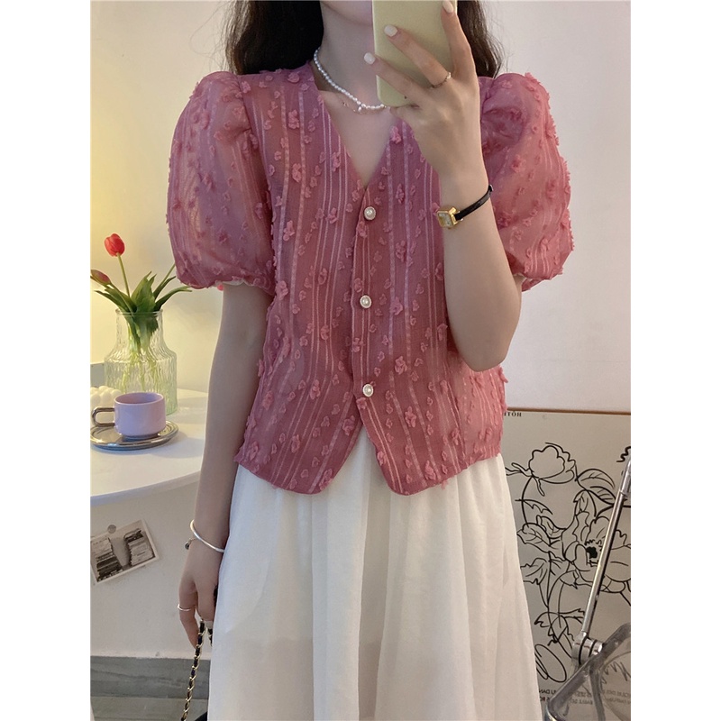 Áo Sơ Mi Tay Phồng Cổ Chữ V Thêu Họa Tiết Hoa Phong Cách Hàn Quốc Thời Trang Cho Nữ