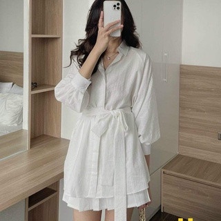 Set váy nữ áo sơ mi kèm đai buộc, bộ đồ nữ hack dáng, tạo eo thon gọn vải đũi mát