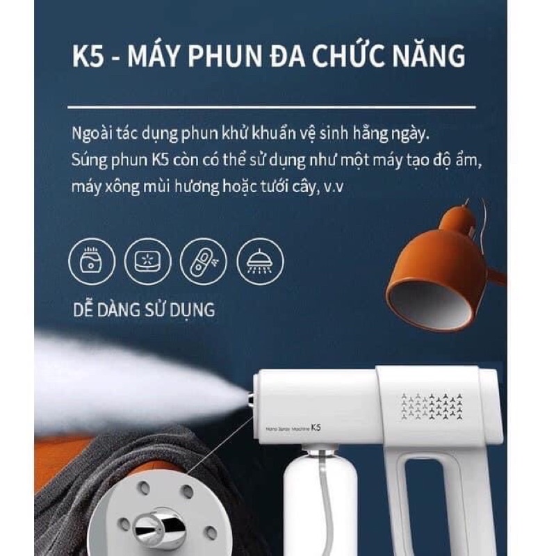 [Bảo hành 12 tháng] Súng phun khử khuẩn Nano K5 Máy xịt khuẩn cầm tay Máy diệt khuẩn Nano thế hệ mới cao cấp 8 tia UV