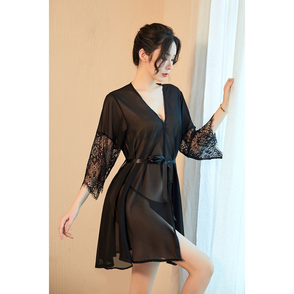 Hàng Cao Cấp - Áo choàng ngủ xuyên thấu tay dài ren hoa quyến rũ gợi cảm 5224 | BigBuy360 - bigbuy360.vn