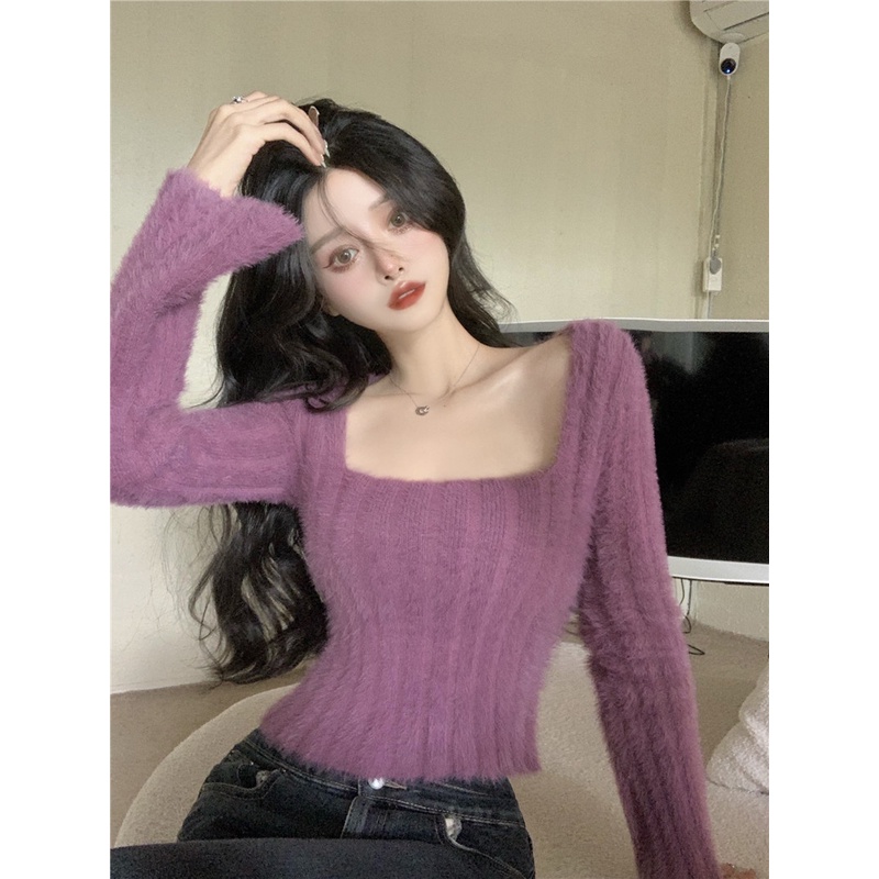 Áo Sweater Dệt Kim Cổ Vuông Màu Tím Thời Trang Quyến Rũ Cho Nữ