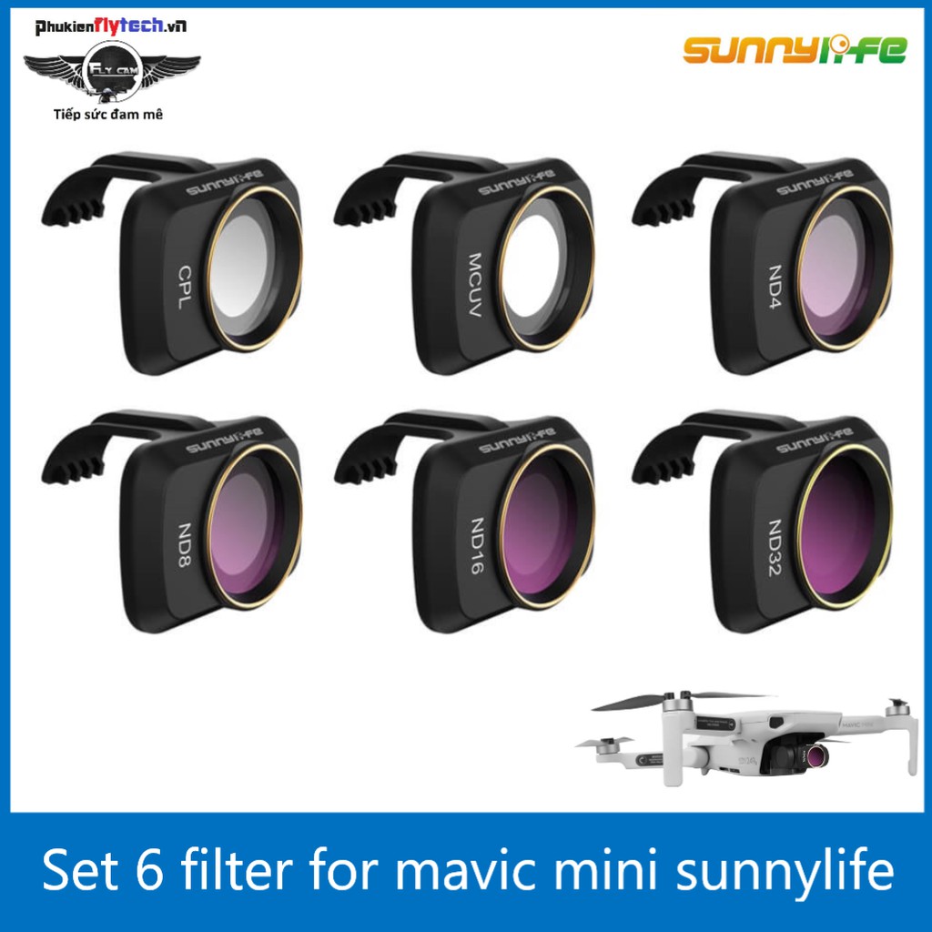 Bộ combo 6 filter Mavic Mini - Chuyên dụng - Chính hãng SunnyLife, bao gồm MCUV, CPL, ND4, ND8, ND16, ND32