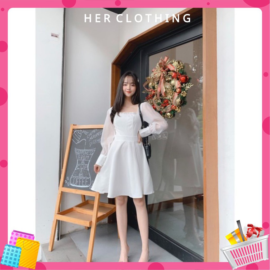 [vải 2 lớp] Đầm nữ trắng dễ thương dự tiệc trắng xòe tay phồng dễ thương [BABE Dress]