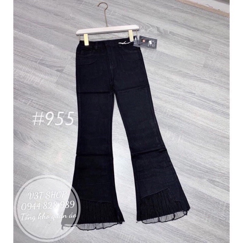 Quần loe phối ren vải kaki chun rách gấu ống loe cạp cao chất co dãn tốt