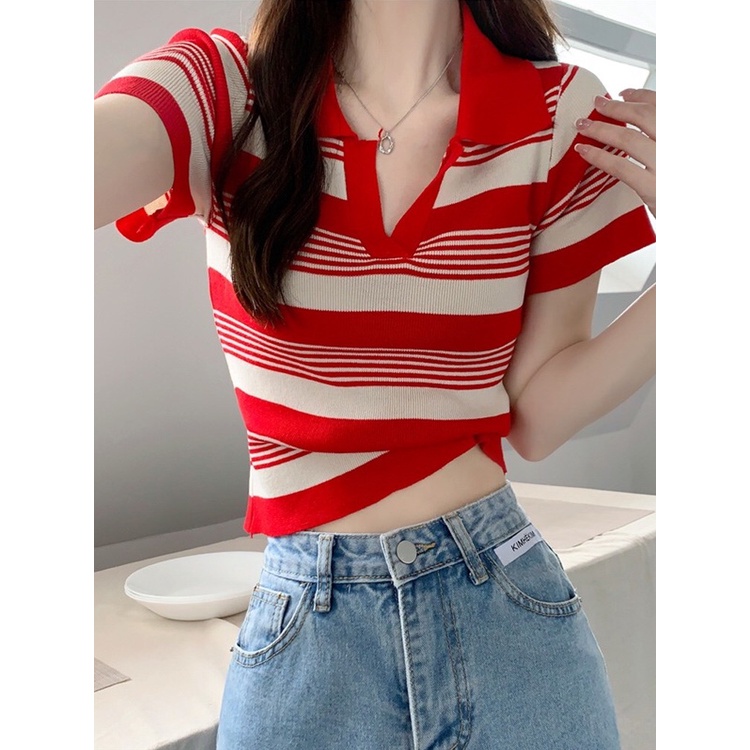 QADCOL  Áo polo Dệt Kim Mỏng Dáng Ôm Tay Ngắn Kẻ Sọc Kiểu Retro Dễ Phối Đồ