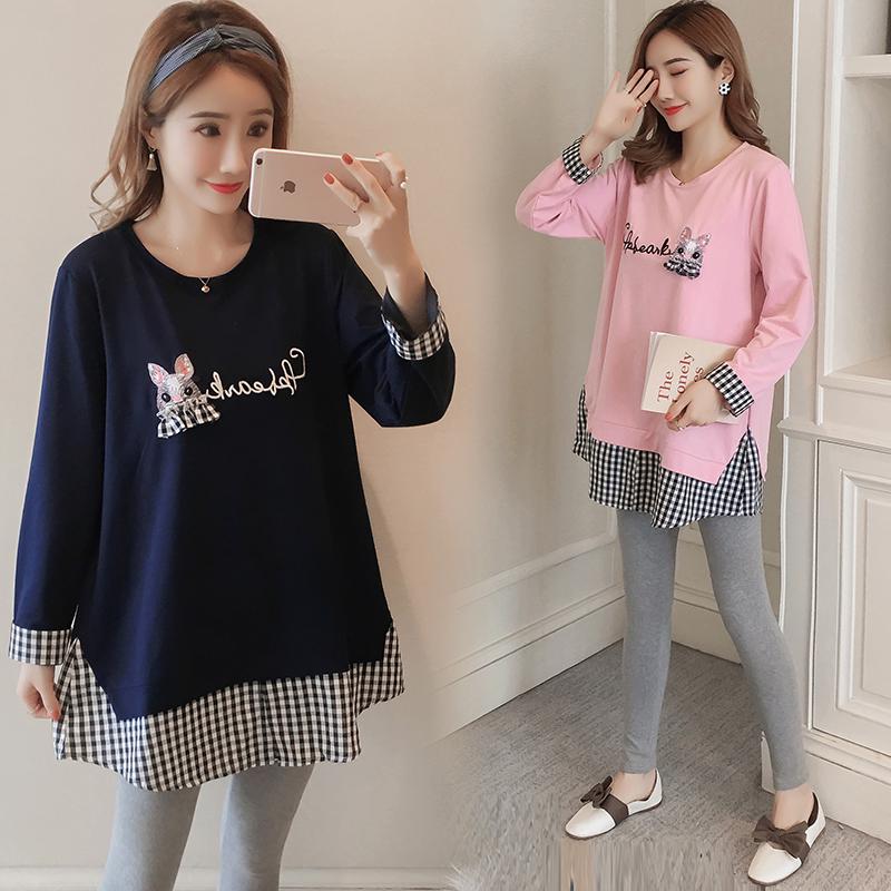 Set áo thun tay dài dáng rộng phối đầm thời trang mùa thu cho mẹ bầu