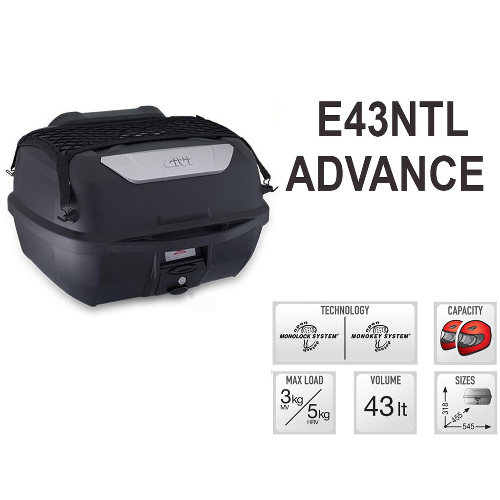 [CHÍNH HÃNG] Thùng sau givi E43NTL- ADV - ComboThùng Givi E43 ADV tặng đế MP70N, lưới ràng đồ, tựa lưng, đệm lót thùng