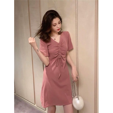 Váy suông nữ,đầm suông nữ rút dây ngực cổ tim màu hồng siêu xinh