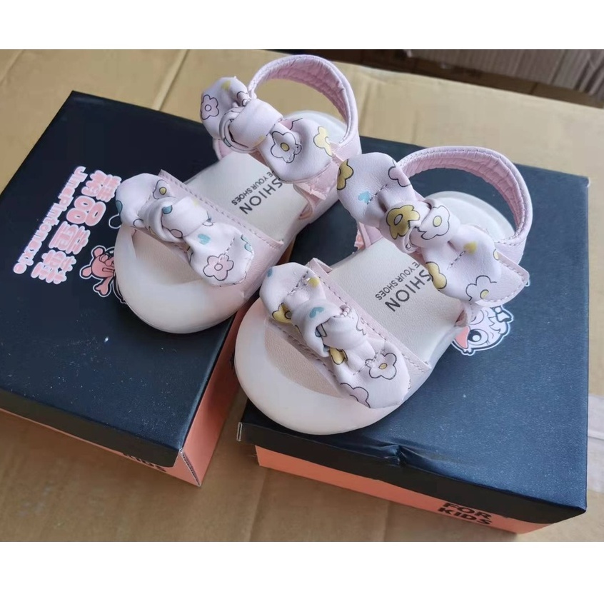 Dép sandal bé gái thời trang tập đi 0-3 tuổi đính nơ quai dán ngang chống trơn chống vấp cho bé