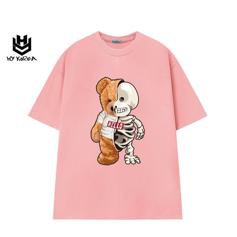 Áo thun tay lỡ HY KOREA nam nữ form rộng unisex Cotton 75% in hình Gấu xương DC208.