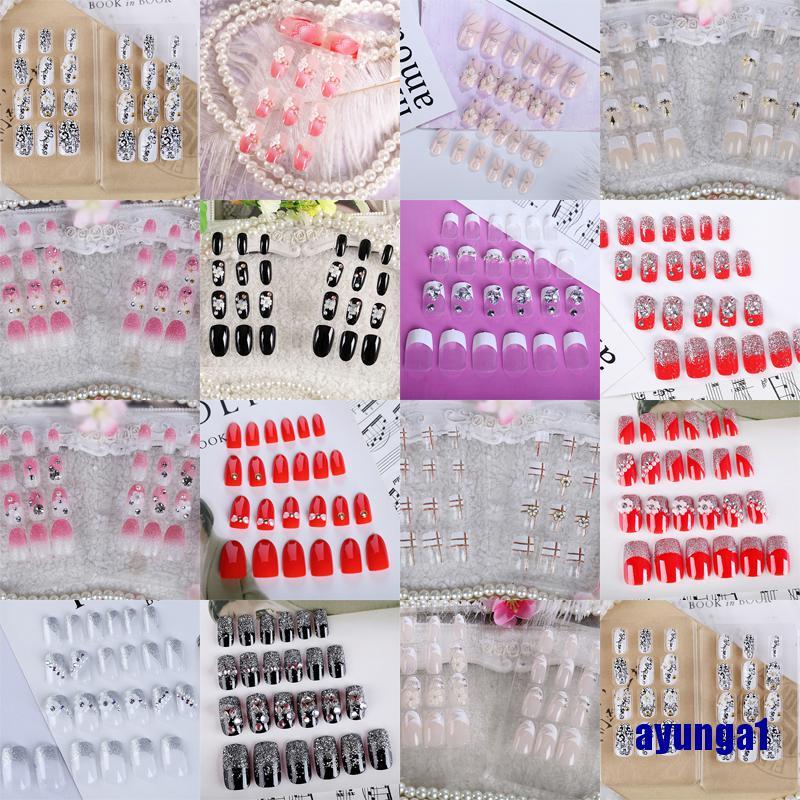 [Hàng mới về] Bộ 24 móng tay giả màu trong suốt trang trí hoa xinh xắn thích hợp cho cô dâu diy