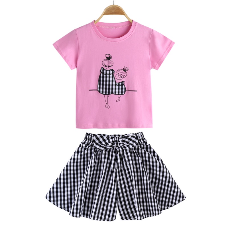 Set Áo Thun Tay Ngắn &amp; Quần Short Caro Phong Cách Hàn Quốc Cho Bé Gái 3-14 Tuổi