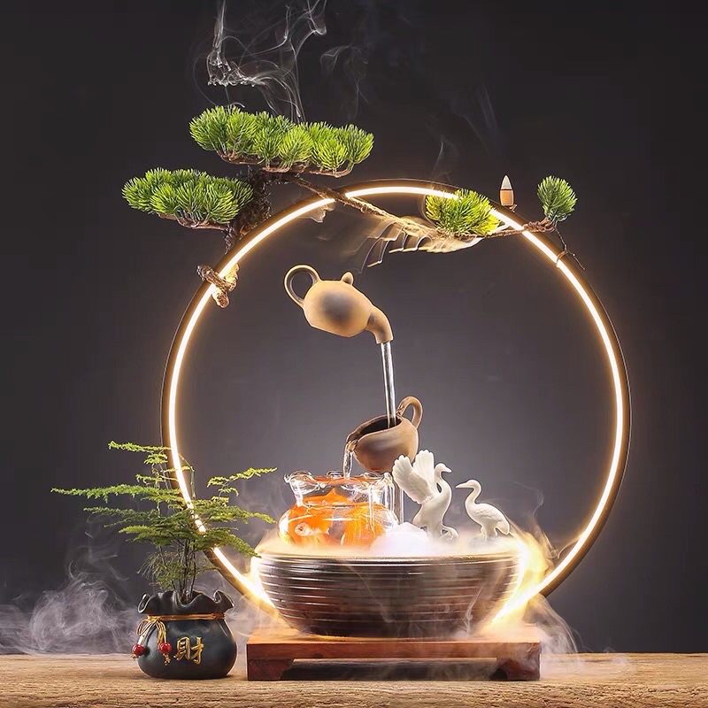Vật phẩm trang trí phong thuỷ thác khói trầm hương đèn LED046 - Đài thưởng trầm cao cấp