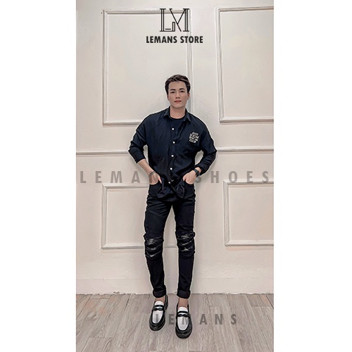 Giày da Penny Loafer Black White LEMANS, Da Simili, da bò thuộc nguyên tấm, tăng chiều cao 4cm, bảo hành 12-24 tháng