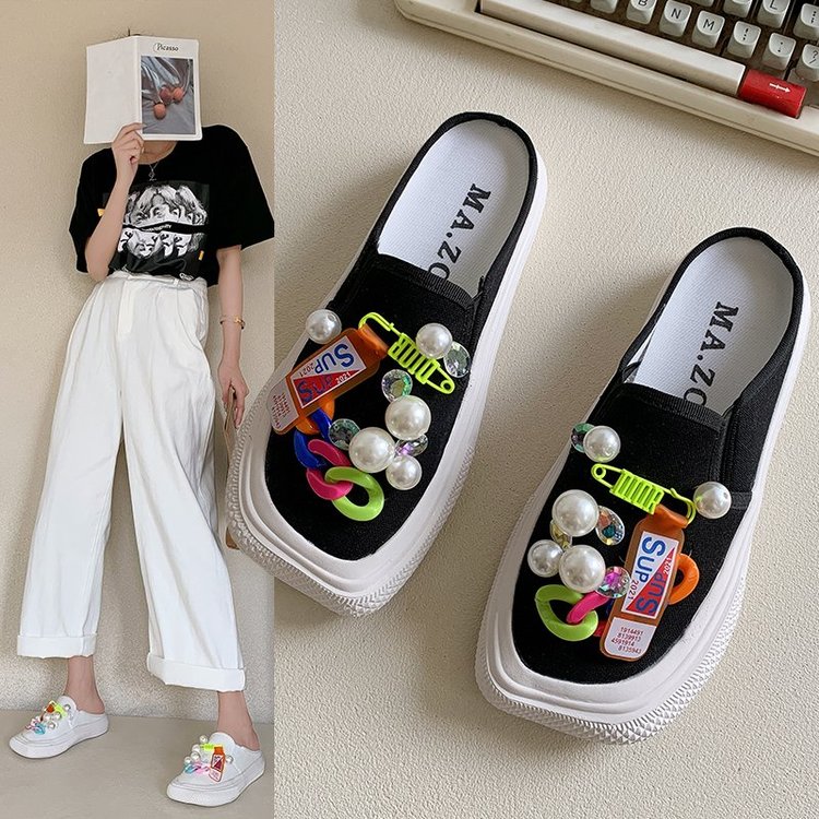[ Mã 66CBSALE giảm 30K đơn 200K] Dép Vải Canvas Đế Bằng Mũi Vuông Đính Ngọc Trai Xinh Xắn | BigBuy360 - bigbuy360.vn
