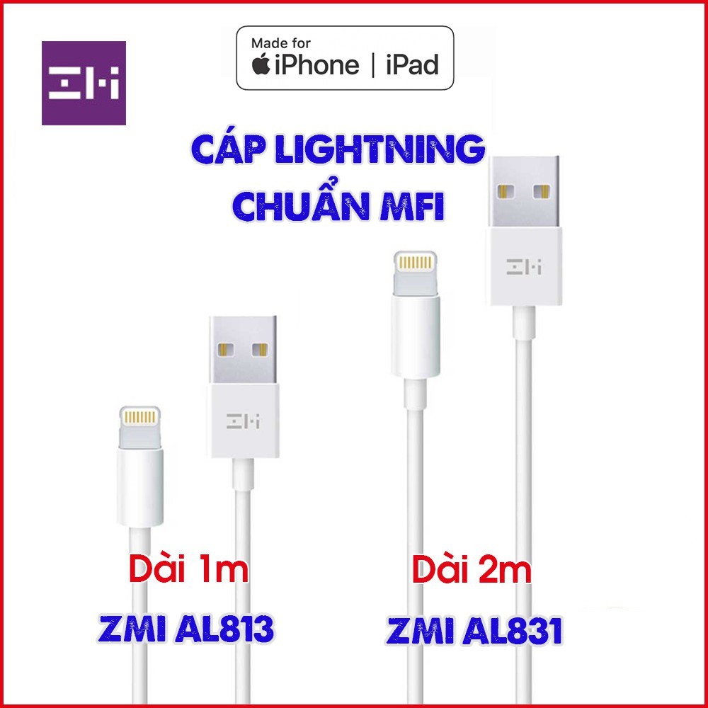 Cáp Lightning ZMI AL813 Dài 1m / AL831 Dài 2m dùng cho iPhone, iPad chuẩn MFi - Minh Tín Shop