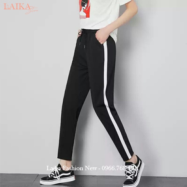 Quần thể thao 1 sọc dài viền trắng dáng baggy vải dày - Quần Jogger thể thao nữ tập gym cạp chun dây rút đi học thể dục
