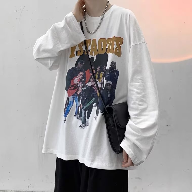 Áo Thun Tay Dài Cổ Thuyền Dáng Rộng In Chữ Hoạt Hình Phong Cách Hàn Quốc Thời Trang Cho Nam Và Nữ Size M-5XL