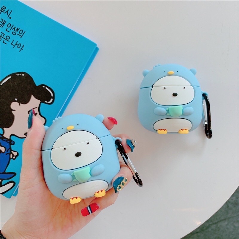 ☘️Tặng kèm móc treo☘️Case Airpod 1 2 i11, i12...Vỏ bao bọc Chim cánh cụt xanh đựng tai nghe không dây airpod