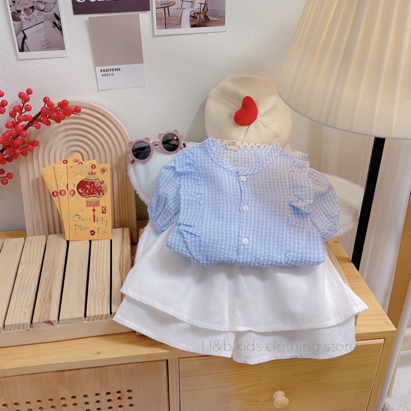 Bộ Quần Áo Bé Gái Thiết Kế chất thô đũi mềm đẹp❤quần váy trắng +áo kẻ xanh siêu xinh
