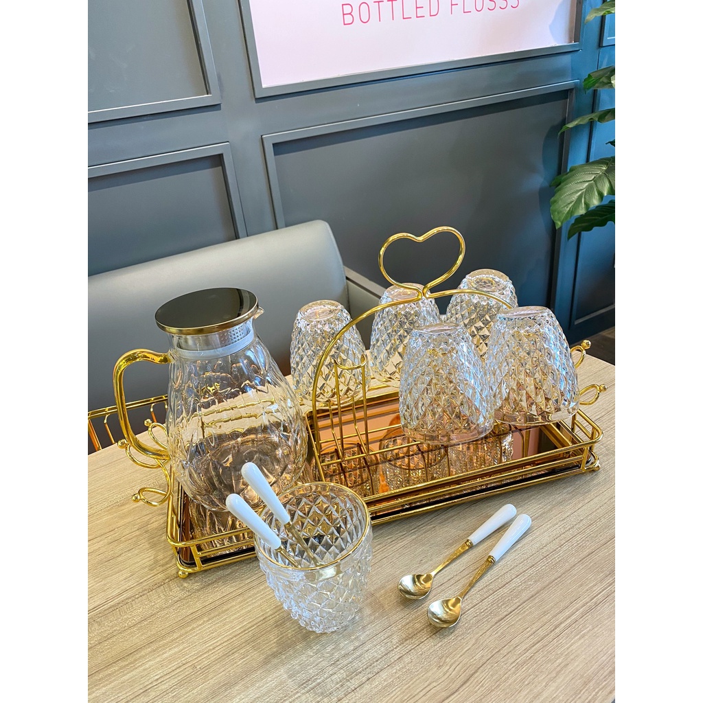 Set 6 Cốc Thuỷ Tinh Hoa Văn Dứa Viền Vàng 🌸 Sang Trọng Tinh Tế 🌸