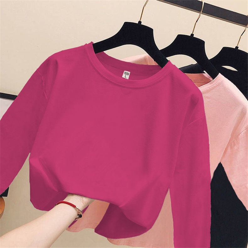 Áo Thun Tay Dài Dáng Rộng Màu Sắc Đơn Giản Cho Nữ